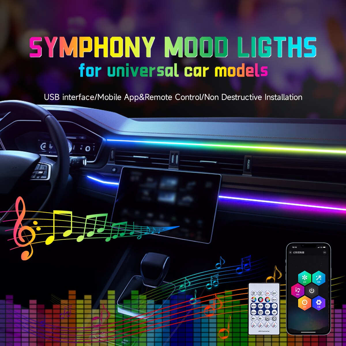 Led Ambient Interior Car Lights App Control - Car USB 64 Colors Acrylic Strips